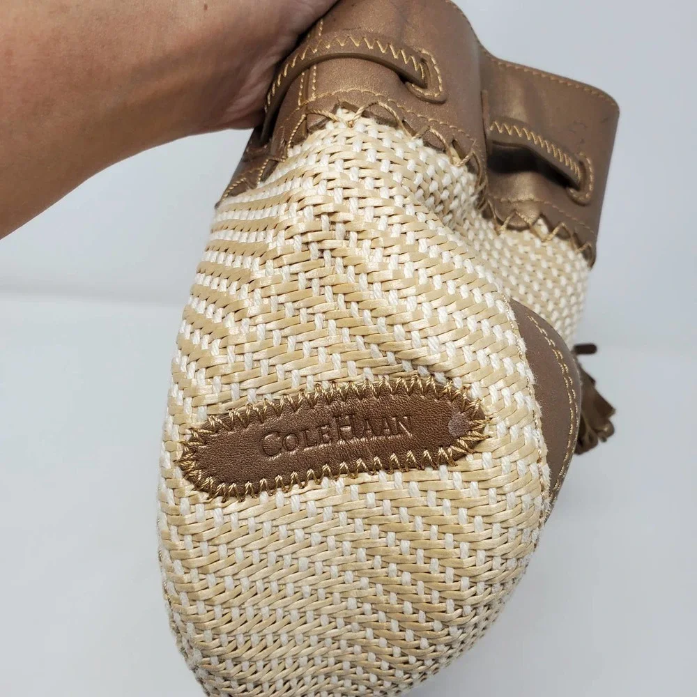 Cole Haan Saram Straw Braided Tote Bag with Tassels Shoulder Purse Boho Chic